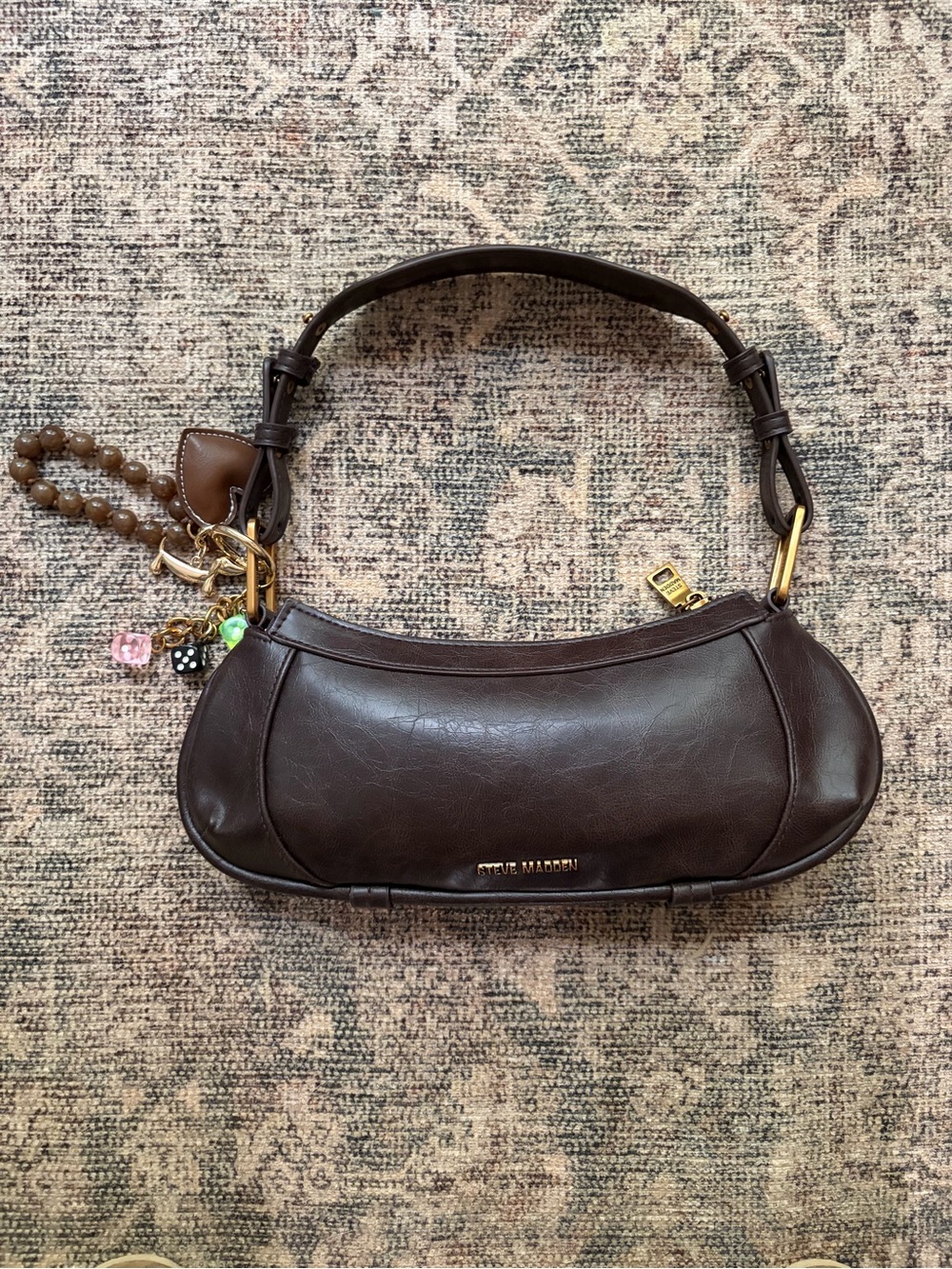 Steve Madden Dark Brown Leather Shoulder Hobo with Charm Accents